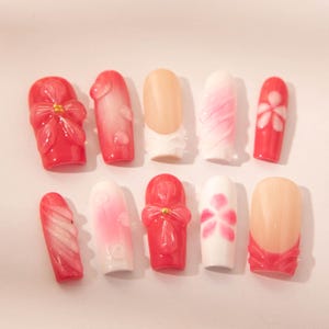 3D Pink Cherry Blossom Press On Nails: White French Long Style