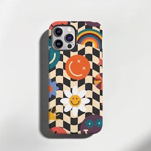 Aesthetic Phone Case Trippy Checkerboard Smiley Face Phone Cover iPhone 16 15 14 13 12 11 Pro Max Samsung S25 Ultra Pixel 9 Colorful Cover