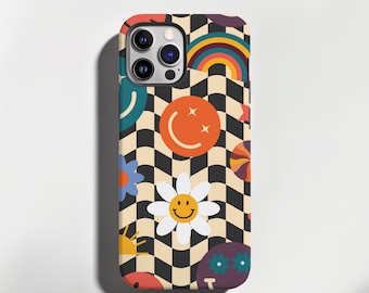 Aesthetic Phone Case Trippy Checkerboard Smiley Face Phone Cover iPhone 16 15 14 13 12 11 Pro Max Samsung S25 Ultra Pixel 9 Colorful Cover