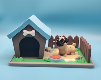 3D Printed Dog House Playset with Pug Mini - Charming Home Decor for Dog Lovers