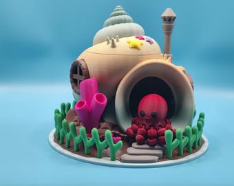 3D Printed Seashell House Ocean Decor with Cute Octopus and Coral Reef