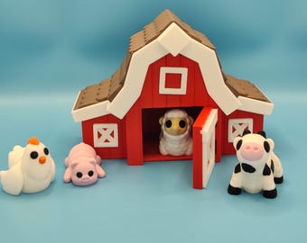 3D Printed Barn Farm Animal Set: Barn with Cow Pig Sheep Chicken