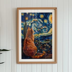 Cat in the Night Van Gogh Style Starry Night Classic Semi-Glossy Paper Poster Gift