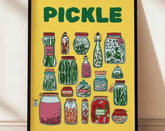 Funky Pickle Jar Illustration Poster | Vibrant Kitchen Art Print | Pickle Lover | Living Room , Kitchen Wall Art Gift