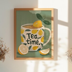 l'heure du thé au citron | Décoration murale de cuisine | Cadeau pour amateur de thé | Décoration d'intérieur | Finition mate 200 g | Impression botanique | Salon de thé esthétique |