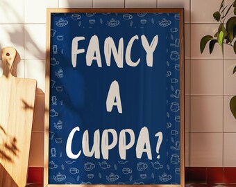Fancy a Cuppa? Poster - Blue and White Typography Wall Art with Teapot Pattern - Tea Lover Kitchen Decor Gift