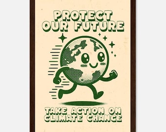 Peut inclure: Une affiche encadrée au style vintage. L'œuvre présente un globe terrestre vert de dessin animé avec un visage souriant, courant sur un fond crème. Le texte indique "PROTECT OUR FUTURE" et "TAKE ACTION ON CLIMATE CHANGE" en vert.