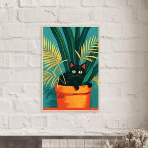 Gatto nero carino in un vaso di fiori Poster con cornice in legno di carta semi-lucida di alta qualità