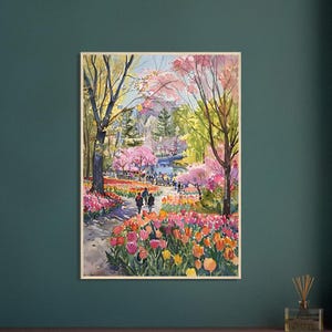 Art mural coloré à l'aquarelle du parc des tulipes, poster encadré en bois sur papier mat classique