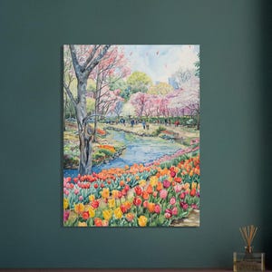 Bunte Tulpen Park Aquarell Wand Kunst Klassisches Mattes Papier Poster