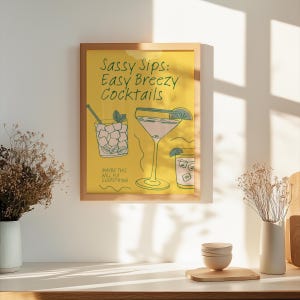 Spaß Cocktail Poster | "Sassy Sips: Easy Breezy Cocktails" Druck | Moderne Bar Wandkunst | Dekor für Hausbar, Küche oder Cocktail Lounge