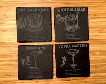 Set of 4 Engraved Slate Coasters - Iconic Cocktails from TV & Film