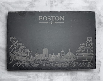 Boston Sports Slate Cheese Board | Engraved Boston Skyline Serving Board | Fenway & Garden Gift for Boston Fans