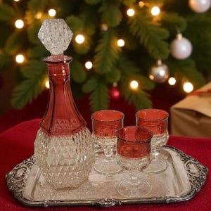 May include: A vintage red and clear glass decanter with a diamond pattern, topped with a faceted stopper, and three matching glasses on a silver tray. The set is displayed on a red surface with a Christmas tree in the background.