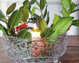 Cuenco de cristal de plomo vintage / Centro de mesa floral Anna Hütte, tallado a mano en Alemania