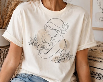 Minimal Line Art Mother Nursing Baby T-Shirt | Floral Accent, Mother day