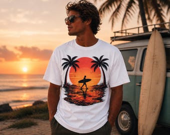 Sunset Surfer T-Shirt | Palm Trees, Orange Beach Silhouette
