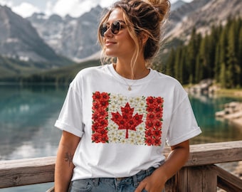 Poppy Maple Leaf Canadian Flag T-Shirt | Floral Canada Shirt