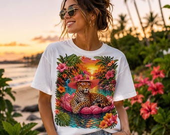Tropical Sunset Leopard T-Shirt | Floral Jungle Sunset Tee