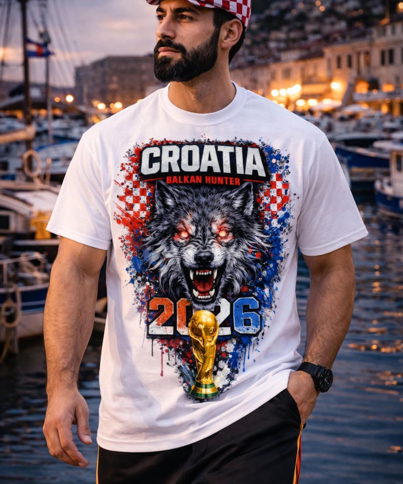 Puede incluir: Camiseta blanca con un gr&aacute;fico de lobo, el texto "CROATIA BALKAN HUNTER 2026" y un trofeo dorado. El dise&ntilde;o incorpora elementos rojos, blancos y azules. La camiseta la lleva una persona.