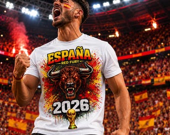 Espana 2026 World Cup Soccer T-Shirt — Red Fury Bull Design