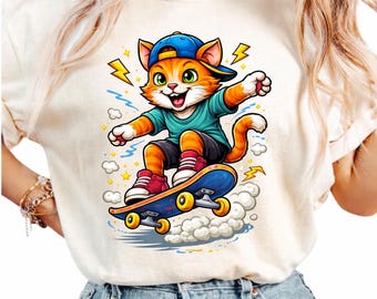 Skateboard Cat T-Shirt: Skater Kitten Streetwear Animal Tee