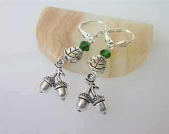 Silver Acorn Earrings, Oak Tree Acorn Dangle Earrings, Nature Jewelry, Celtic Earring Dangles, Oak Leaf