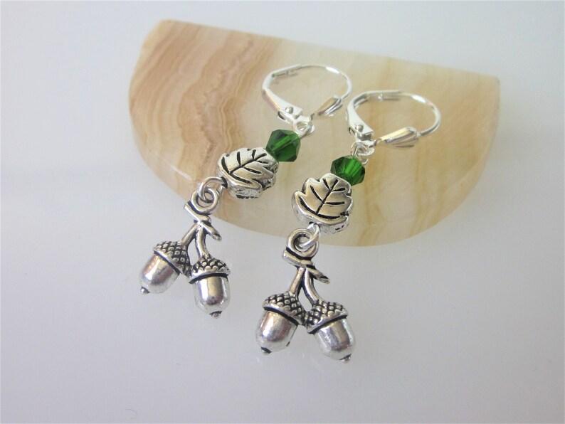 Silver Acorn Earrings, Oak Tree Acorn Dangle Earrings, Nature Jewelry, Celtic Earring Dangles, Oak Leaf image 1