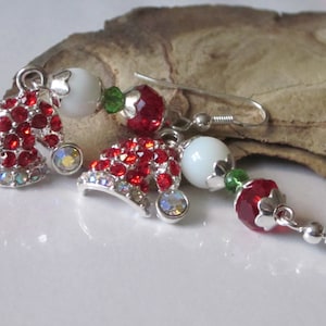 Christmas Earrings, Santa Hat Dangle Earrings, Holiday Jewelry, Red Beaded Holiday Earrings, Red Rhinestone Christmas Dangle image 1