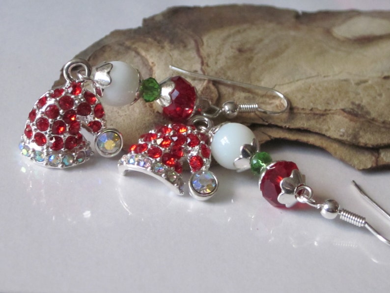 Christmas Earrings, Santa Hat Dangle Earrings, Holiday Jewelry, Red Beaded Holiday Earrings, Red Rhinestone Christmas Dangle image 1