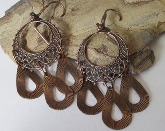 Copper Chandelier Earrings, Round Filigree Hoop, Gypsy Earrings, Teardrop Dangles, Bohemian Jewery, Copper Leverback, Boho Chandelier