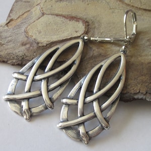 Silver Celtic Knot Earrings, Silver Teardrop Dangle Earrings, Celtic Jewelry, Antiqued Silver Leverback, Open Drop