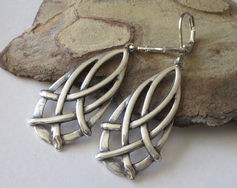 Silver Celtic Knot Earrings, Silver Teardrop Dangle Earrings, Celtic Jewelry, Antiqued Silver Leverback, Open Drop