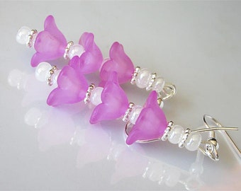 Bell Flower Earrings, Light Fuchsia Bellflower, Woodland Earrings, Beaded Lucite Flower Blossom Earrings