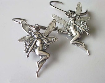 Antiqued Silver Faerie Earrings, Fairy Earrings, Brass Leverback Dangle, Flying Fairy
