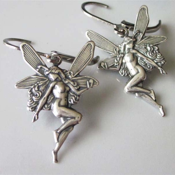 Fairy Earrings, Antiqued Silver Faerie Dangle, Leverback Faery Earrings, Brass Metal, Fairy Charm Dangle Earrings
