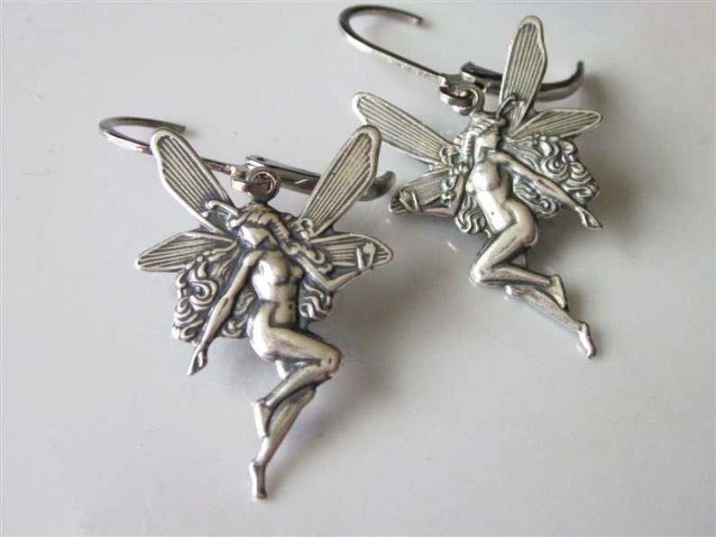 Fairy Earrings, Antiqued Silver Faerie Dangle, Leverback Faery Earrings, Brass Metal, Fairy Charm Dangle Earrings image 1