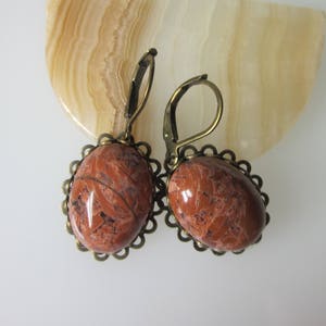 Jasper Earrings, Red Jasper, Gemstone Dangle Earrings, Unique Stone Jewelry, Oval Stone, Antiqued Brass Leverback Ear Wires image 3