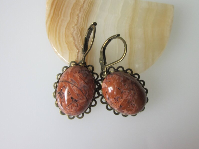 Jasper Earrings, Red Jasper, Gemstone Dangle Earrings, Unique Stone Jewelry, Oval Stone, Antiqued Brass Leverback Ear Wires image 3