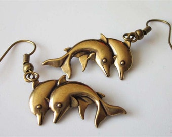 Dolphin Earrings, Jumping Dolphin Twin Earrings, Beach Earrings, Beach Jewelry, Animal Earrings, Brass Metal Earrings