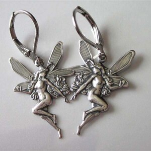 Fairy Earrings, Antiqued Silver Faerie Dangle, Leverback Faery Earrings, Brass Metal, Fairy Charm Dangle Earrings image 2