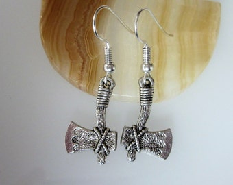 Silver Axe Earrings, Hatchet Tool, Unisex Jewelry, Men's Dangle Earrings