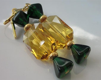 Christmas Candy Earrings Topaz Glass Holiday Candy Earrings Emerald Green and Citrine Holiday Dangles