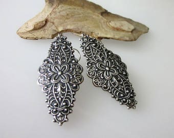 Victorian Earrings,, Ornate Silver Filigree, 2" Antiqued Silver Floral Elongated Diamond  Shaped
