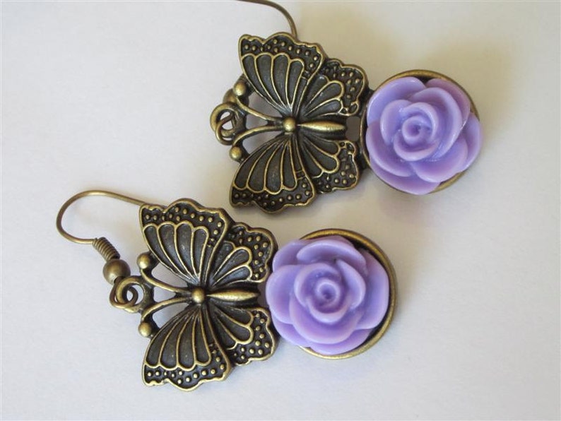 Spring Butterfly Earrings, Lavender Garden Flower Dangle, Purple Easter Earrings, Butterfly Dangle and Drop Earrings image 3