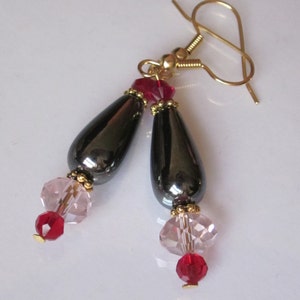 Hematite Earrings, Gemstone Teardrop, Beaded Pink Czech Glass and Hematite Stone Drop image 3