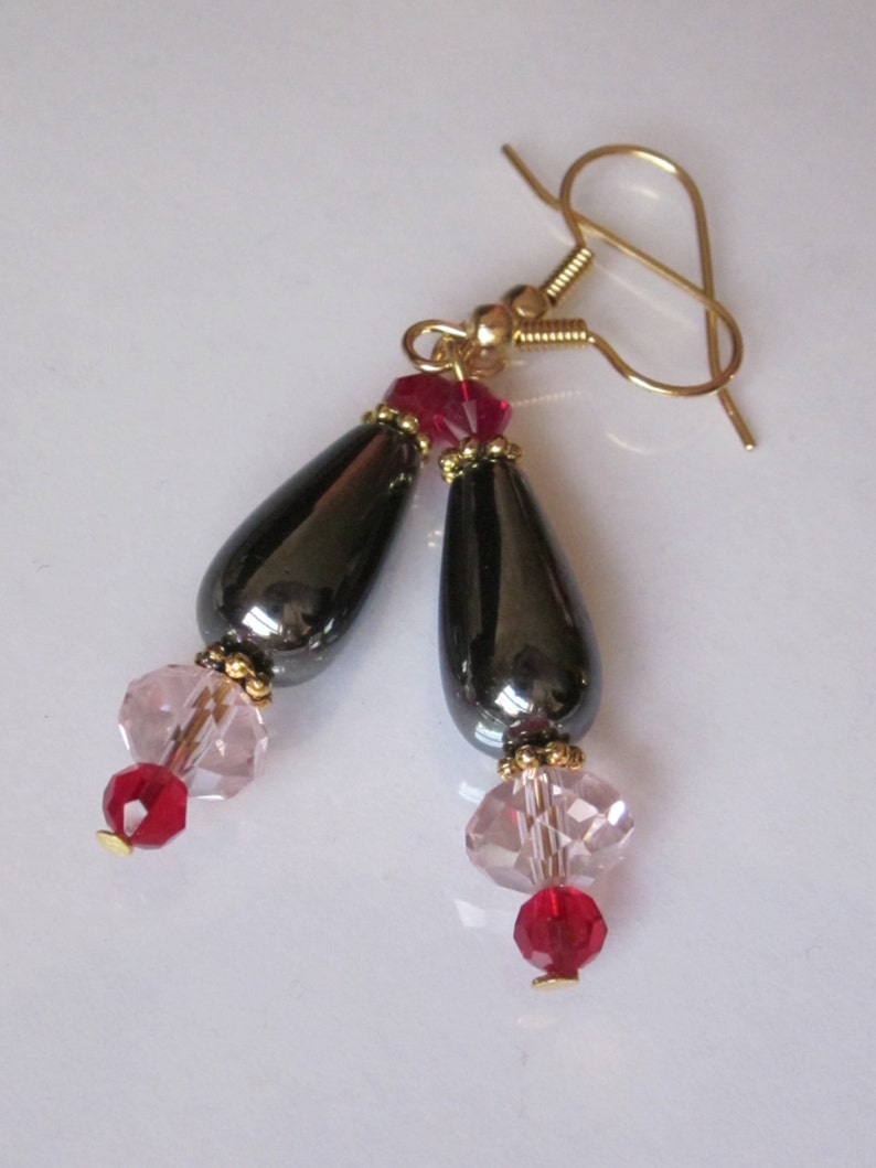 Hematite Earrings, Gemstone Teardrop, Beaded Pink Czech Glass and Hematite Stone Drop image 3