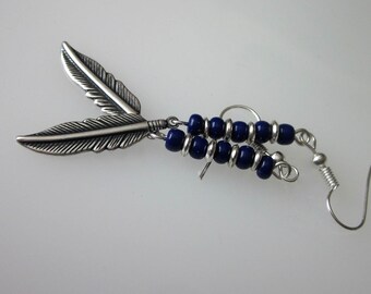 Metal Feather Earrings, Mens Dangle Earrings, Medium Silver Feather, Tribal Jewelry, Long Silver Dangle, Unisex Jewelry, Dark Blue Beaded