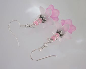 Pink Flower Earrings, Pastel Dangle, Pink Lucite Earrings, White Flower Jewelry, Victorian Floral Jewelry