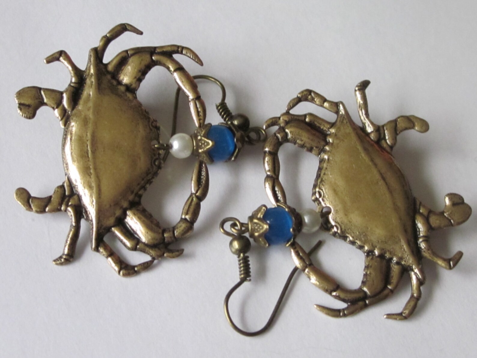 Crab Earrings Antiqued Gold Dangle Earrings Blue Crab Etsy